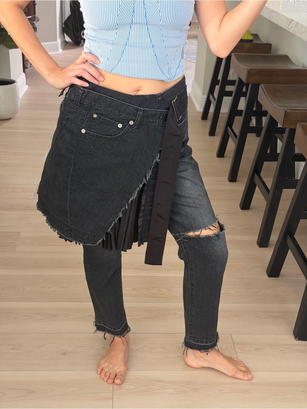 SACAI Asymmetric Pleated Wrap Black Denim Skirt Size 1,the run smaller, size 2/4